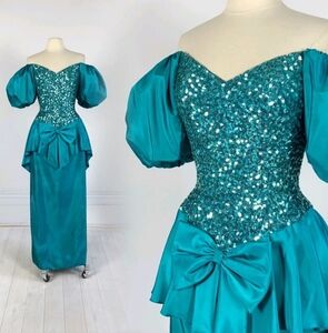 Vintage 80s Teal Prom Formal Dress Poof Sleeves Bow Sequins